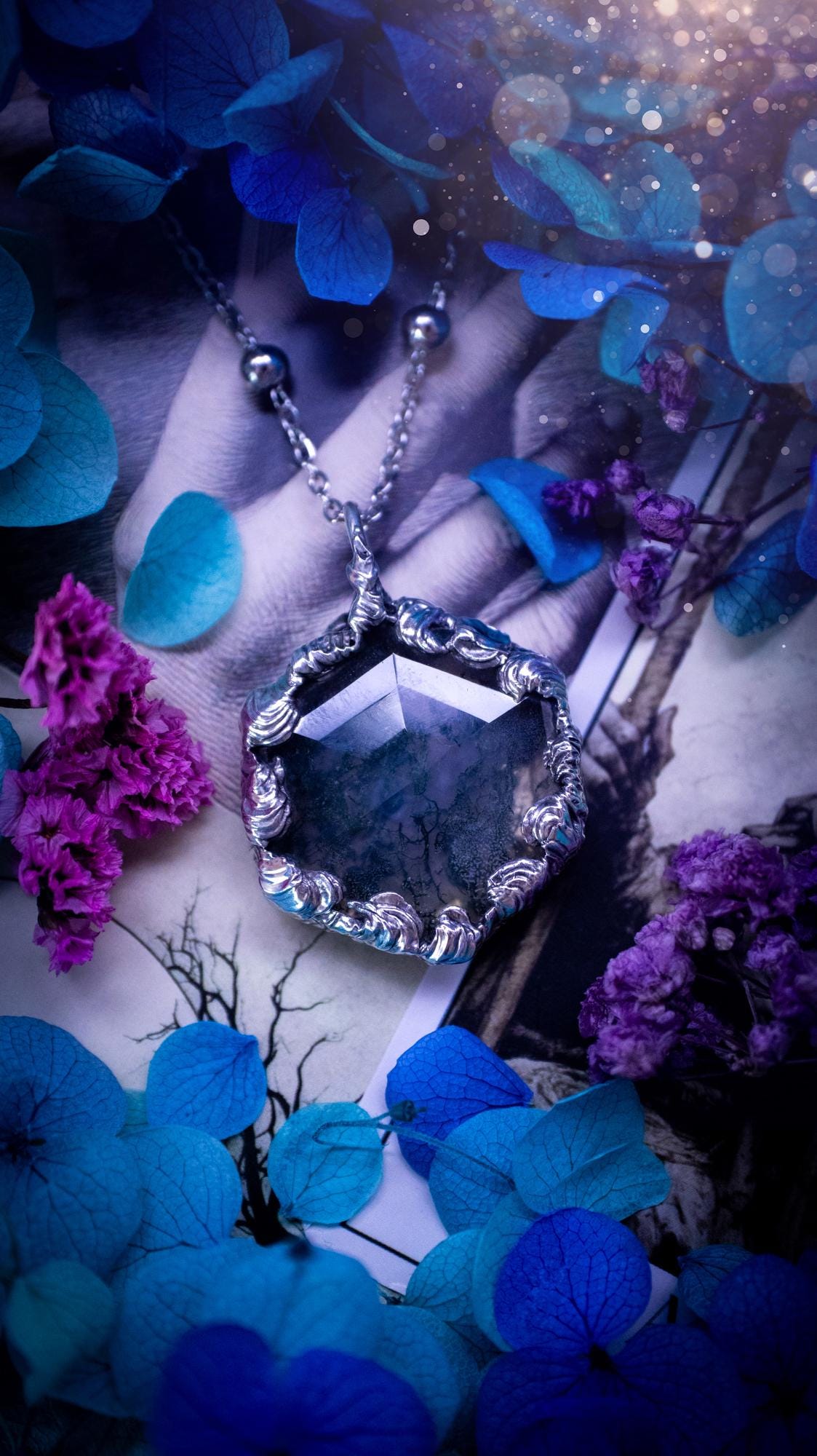 Absolutely stunning, and totally unique, moss agate crystal, soft soldered pendant necklace. This beautiful pendant features a very high quality moss agate crystal that has beautiful mossy definition and patterns. The crystal looks like it has a little forest captured inside. This pendant has been made using the soft solder method also known as the tiffany technique. This piece of jewellery would be ideal for any jewellery or crystal lover and is full of hippy, gothic and witchy goodness!