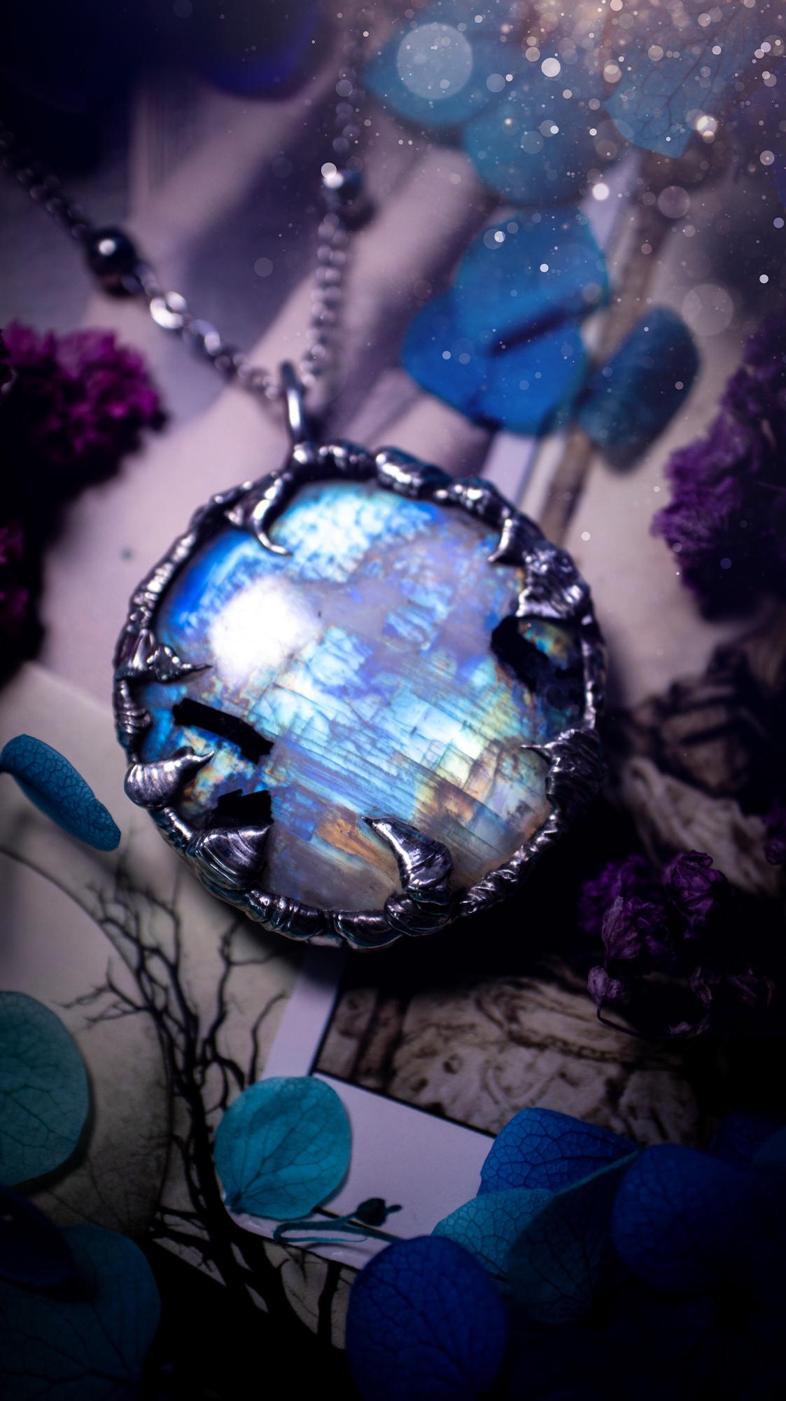 Handmade and beautiful, flashy rainbow moonstone, soft soldered pendant necklace. This pendant necklace features the most gorgeous and flashy moonstone crystal, full of glittery shimmer and a deep lovely blue hue. Handcrafted using the soft solder method, also known as the tiffany technique, an ancient technique used to created stained glass windows. The solder used is lead free and totally safe to wear, it contains elements of silver and polishes up to a high lustre. Gothic witchy jewellery