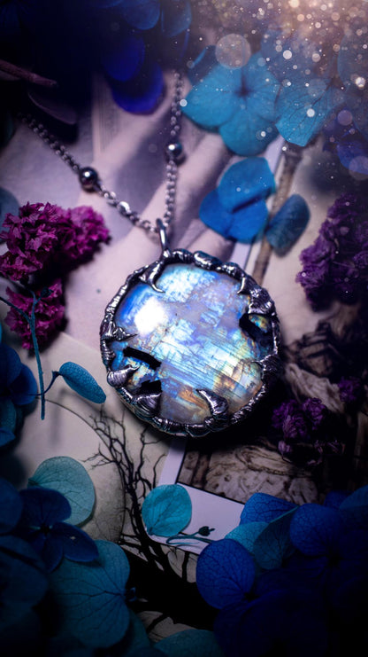 Handmade and beautiful, flashy rainbow moonstone, soft soldered pendant necklace. This pendant necklace features the most gorgeous and flashy moonstone crystal, full of glittery shimmer and a deep lovely blue hue. Handcrafted using the soft solder method, also known as the tiffany technique, an ancient technique used to created stained glass windows. The solder used is lead free and totally safe to wear, it contains elements of silver and polishes up to a high lustre. Gothic witchy jewellery