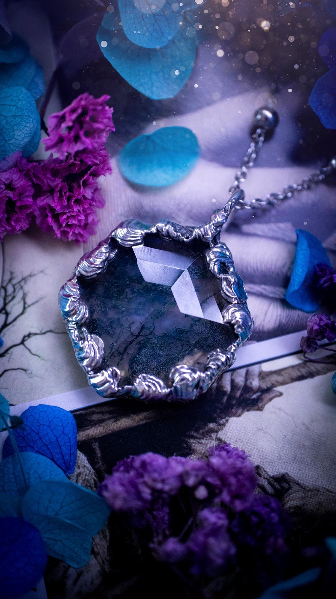 Absolutely stunning, and totally unique, moss agate crystal, soft soldered pendant necklace. This beautiful pendant features a very high quality moss agate crystal that has beautiful mossy definition and patterns. The crystal looks like it has a little forest captured inside. This pendant has been made using the soft solder method also known as the tiffany technique. This piece of jewellery would be ideal for any jewellery or crystal lover and is full of hippy, gothic and witchy goodness!