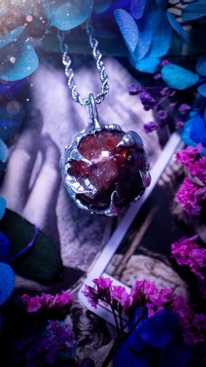 Handmade and bespoke fire quartz sphere soft solder pendant necklace. This unique pendant necklace has a stunning fire quarts crystal that is full of inclusions and little rainbows! Handcrafted using the soft solder method with lead free solder containing mixed metals and silver. The piece has then been polished to a high shine lustre. This pendant is such a bespoke piece and would be ideal for any crystal and jewellery lover. Can be worn both ways. Gothic, witchy and hippy soul jewellery