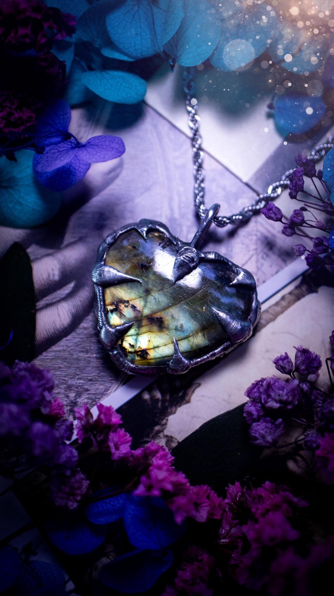 Beautiful, handmade and totally bespoke, green and yellow, labradorite crystal heart, pendant necklace. This jewellery piece has been handcrafted using the soft solder method, using lead free solder that contains silver, then oxidised to create a gothic mystical look. Featuring a beautiful multi flash labradorite heart with the flash shifting from green to yellow. A lovely piece ideal for anyone who loves crystals and jewellery. This is a one of a kind piece with no other the same, gothic design