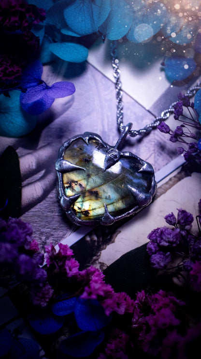 Beautiful, handmade and totally bespoke, green and yellow, labradorite crystal heart, pendant necklace. This jewellery piece has been handcrafted using the soft solder method, using lead free solder that contains silver, then oxidised to create a gothic mystical look. Featuring a beautiful multi flash labradorite heart with the flash shifting from green to yellow. A lovely piece ideal for anyone who loves crystals and jewellery. This is a one of a kind piece with no other the same, gothic design