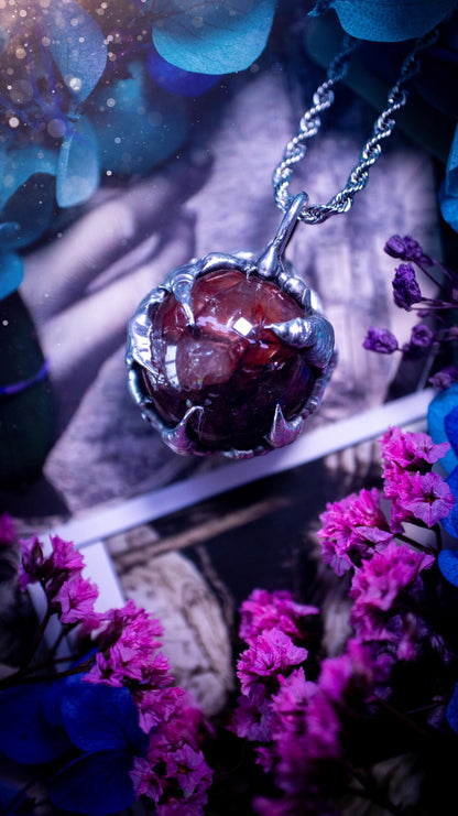 Handmade and bespoke fire quartz sphere soft solder pendant necklace. This unique pendant necklace has a stunning fire quarts crystal that is full of inclusions and little rainbows! Handcrafted using the soft solder method with lead free solder containing mixed metals and silver. The piece has then been polished to a high shine lustre. This pendant is such a bespoke piece and would be ideal for any crystal and jewellery lover. Can be worn both ways. Gothic, witchy and hippy soul jewellery