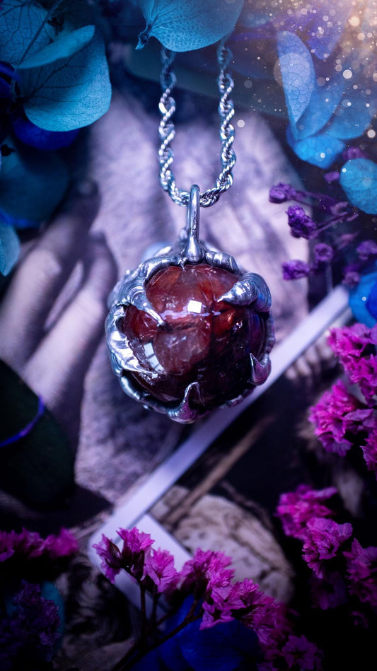 Handmade and bespoke fire quartz sphere soft solder pendant necklace. This unique pendant necklace has a stunning fire quarts crystal that is full of inclusions and little rainbows! Handcrafted using the soft solder method with lead free solder containing mixed metals and silver. The piece has then been polished to a high shine lustre. This pendant is such a bespoke piece and would be ideal for any crystal and jewellery lover. Can be worn both ways. Gothic, witchy and hippy soul jewellery