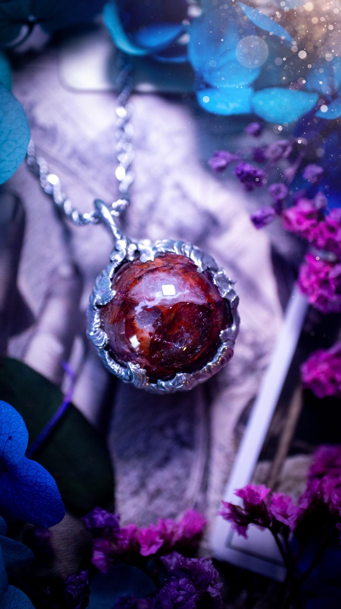 Handmade and bespoke fire quartz sphere soft solder pendant necklace. This unique pendant necklace has a stunning fire quarts crystal that is full of inclusions and little rainbows! Handcrafted using the soft solder method with lead free solder containing mixed metals and silver. The piece has then been polished to a high shine lustre. This pendant is such a bespoke piece and would be ideal for any crystal and jewellery lover. Can be worn both ways. Gothic, witchy and hippy soul jewellery