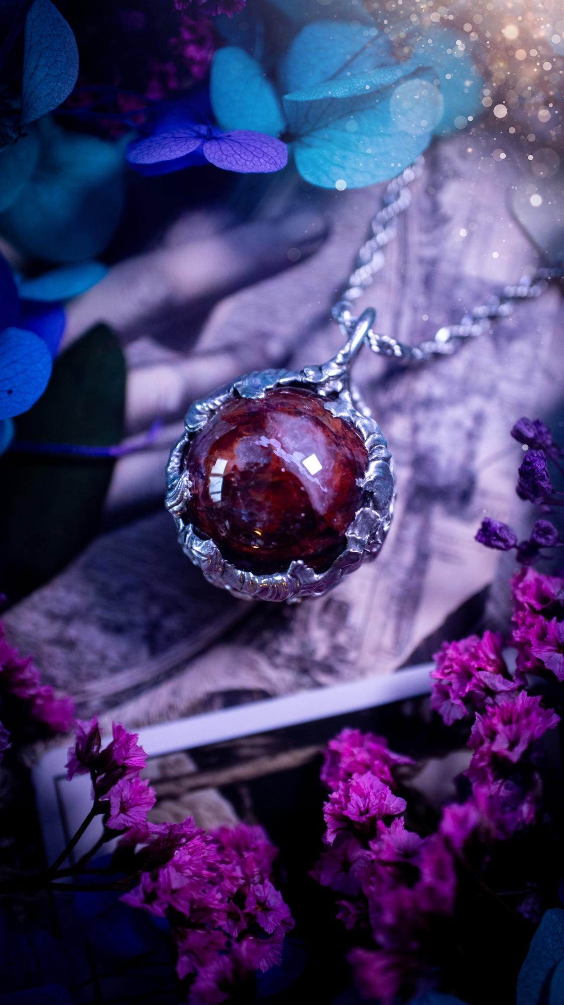 Handmade and bespoke fire quartz sphere soft solder pendant necklace. This unique pendant necklace has a stunning fire quarts crystal that is full of inclusions and little rainbows! Handcrafted using the soft solder method with lead free solder containing mixed metals and silver. The piece has then been polished to a high shine lustre. This pendant is such a bespoke piece and would be ideal for any crystal and jewellery lover. Can be worn both ways. Gothic, witchy and hippy soul jewellery