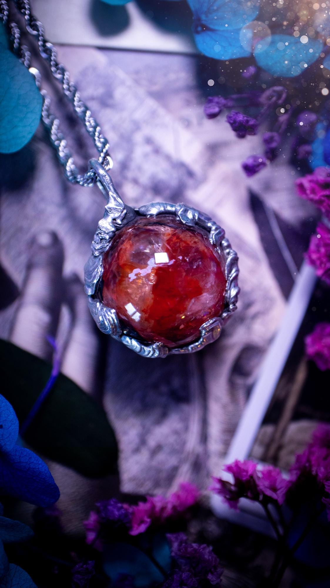 Handmade and bespoke fire quartz sphere soft solder pendant necklace. This unique pendant necklace has a stunning fire quarts crystal that is full of inclusions and little rainbows! Handcrafted using the soft solder method with lead free solder containing mixed metals and silver. The piece has then been polished to a high shine lustre. This pendant is such a bespoke piece and would be ideal for any crystal and jewellery lover. Can be worn both ways. Gothic, witchy and hippy soul jewellery