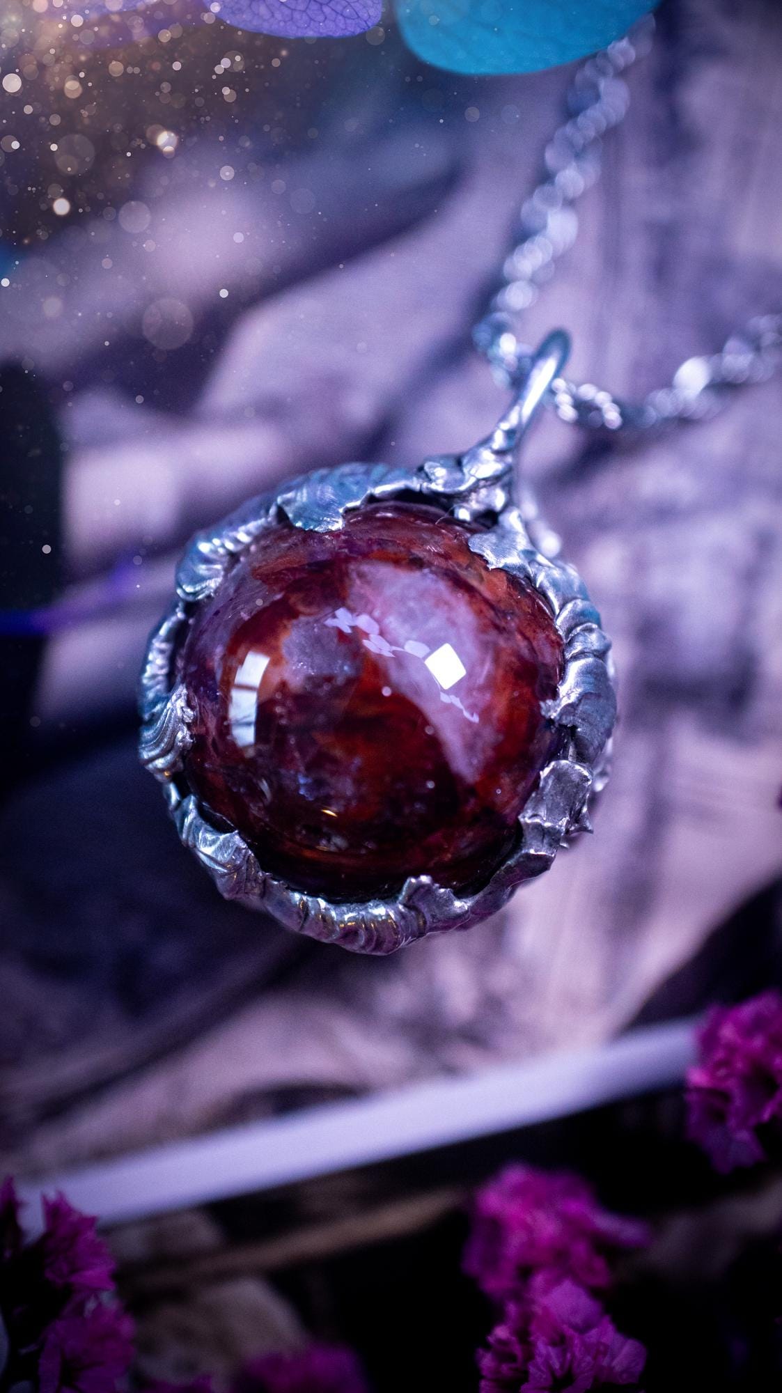 Handmade and bespoke fire quartz sphere soft solder pendant necklace. This unique pendant necklace has a stunning fire quarts crystal that is full of inclusions and little rainbows! Handcrafted using the soft solder method with lead free solder containing mixed metals and silver. The piece has then been polished to a high shine lustre. This pendant is such a bespoke piece and would be ideal for any crystal and jewellery lover. Can be worn both ways. Gothic, witchy and hippy soul jewellery