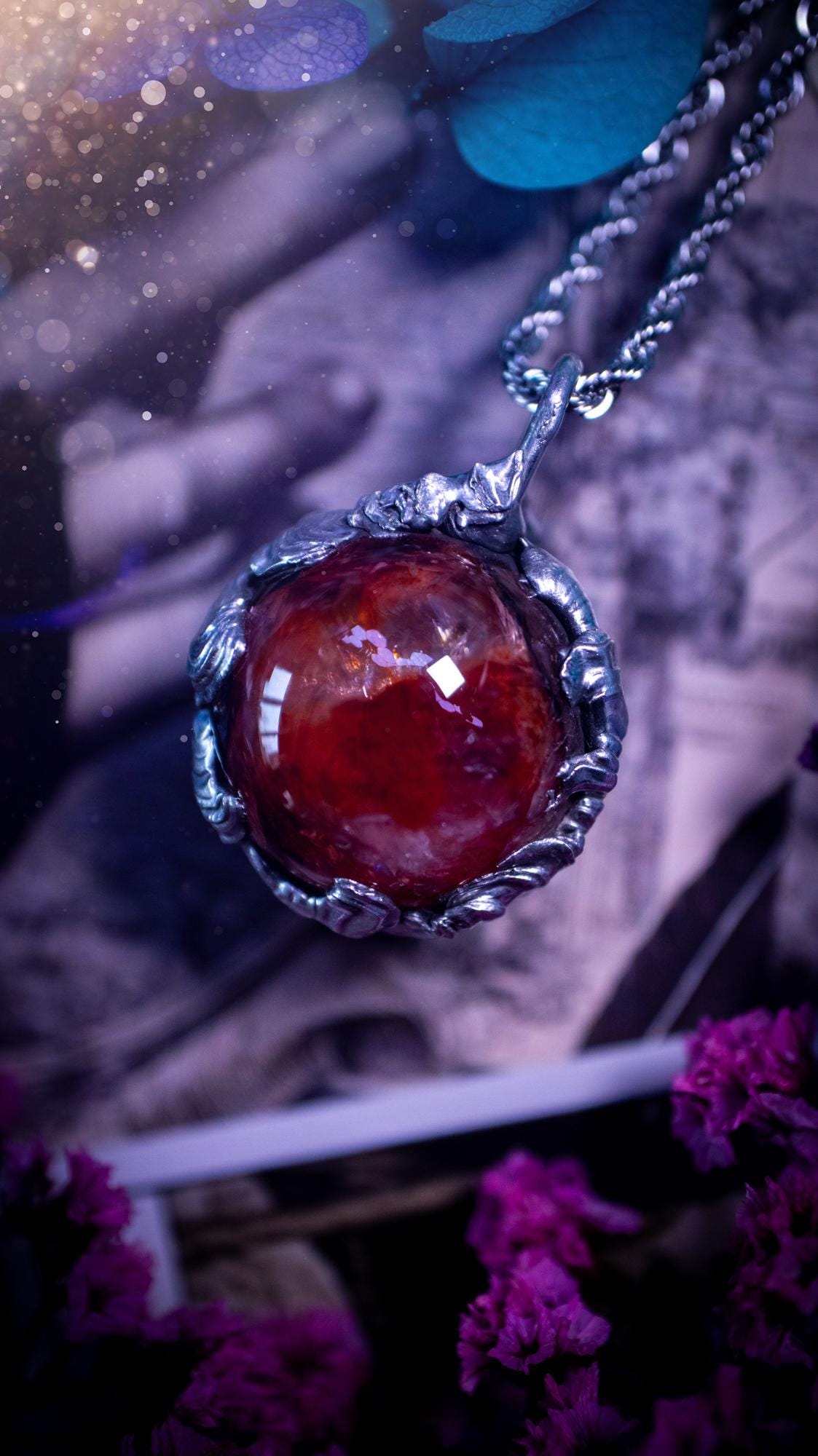 Handmade and bespoke fire quartz sphere soft solder pendant necklace. This unique pendant necklace has a stunning fire quarts crystal that is full of inclusions and little rainbows! Handcrafted using the soft solder method with lead free solder containing mixed metals and silver. The piece has then been polished to a high shine lustre. This pendant is such a bespoke piece and would be ideal for any crystal and jewellery lover. Can be worn both ways. Gothic, witchy and hippy soul jewellery