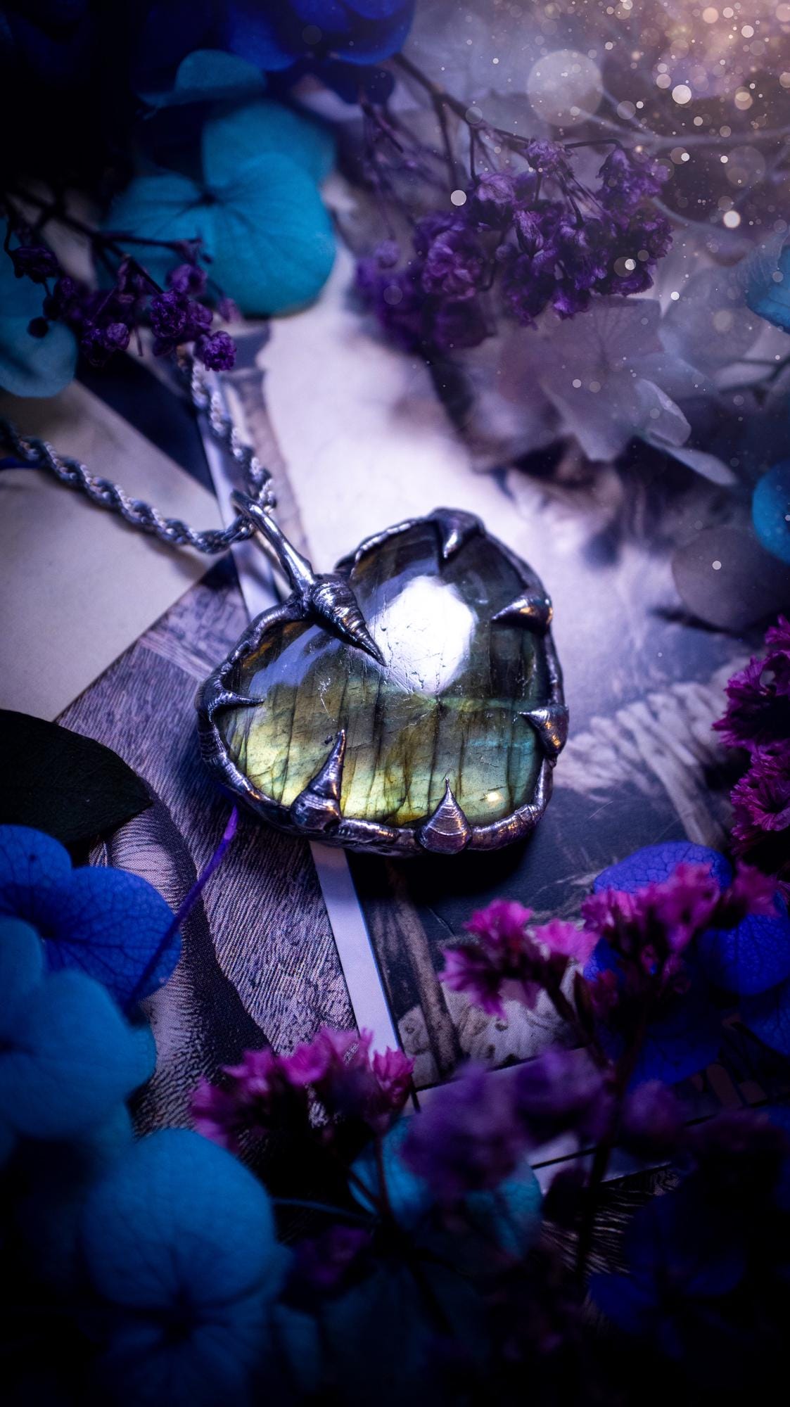 Beautiful, handmade and totally bespoke, green and yellow, labradorite crystal heart, pendant necklace. This jewellery piece has been handcrafted using the soft solder method, using lead free solder that contains silver, then oxidised to create a gothic mystical look. Featuring a beautiful multi flash labradorite heart with the flash shifting from green to yellow. A lovely piece ideal for anyone who loves crystals and jewellery. This is a one of a kind piece with no other the same, gothic design