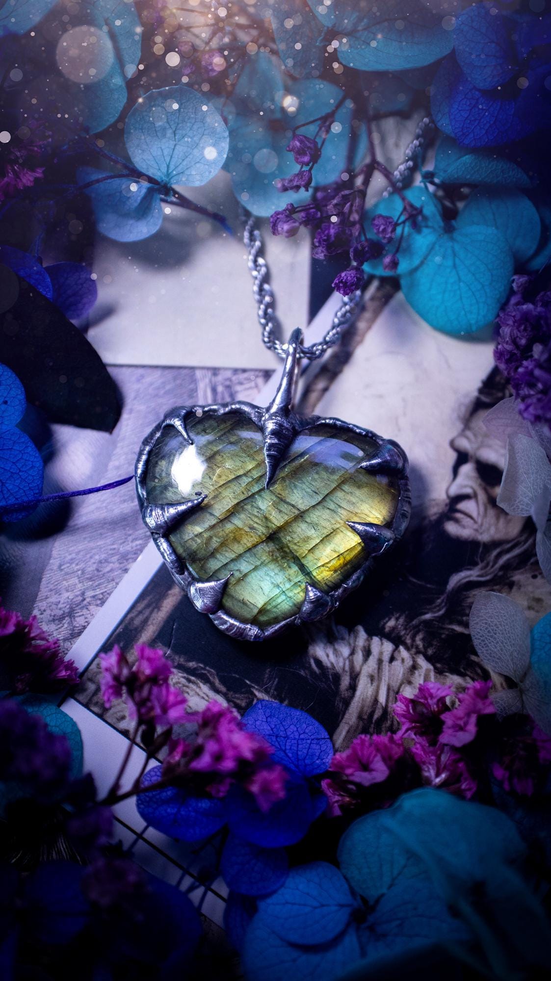 Beautiful, handmade and totally bespoke, green and yellow, labradorite crystal heart, pendant necklace. This jewellery piece has been handcrafted using the soft solder method, using lead free solder that contains silver, then oxidised to create a gothic mystical look. Featuring a beautiful multi flash labradorite heart with the flash shifting from green to yellow. A lovely piece ideal for anyone who loves crystals and jewellery. This is a one of a kind piece with no other the same, gothic design