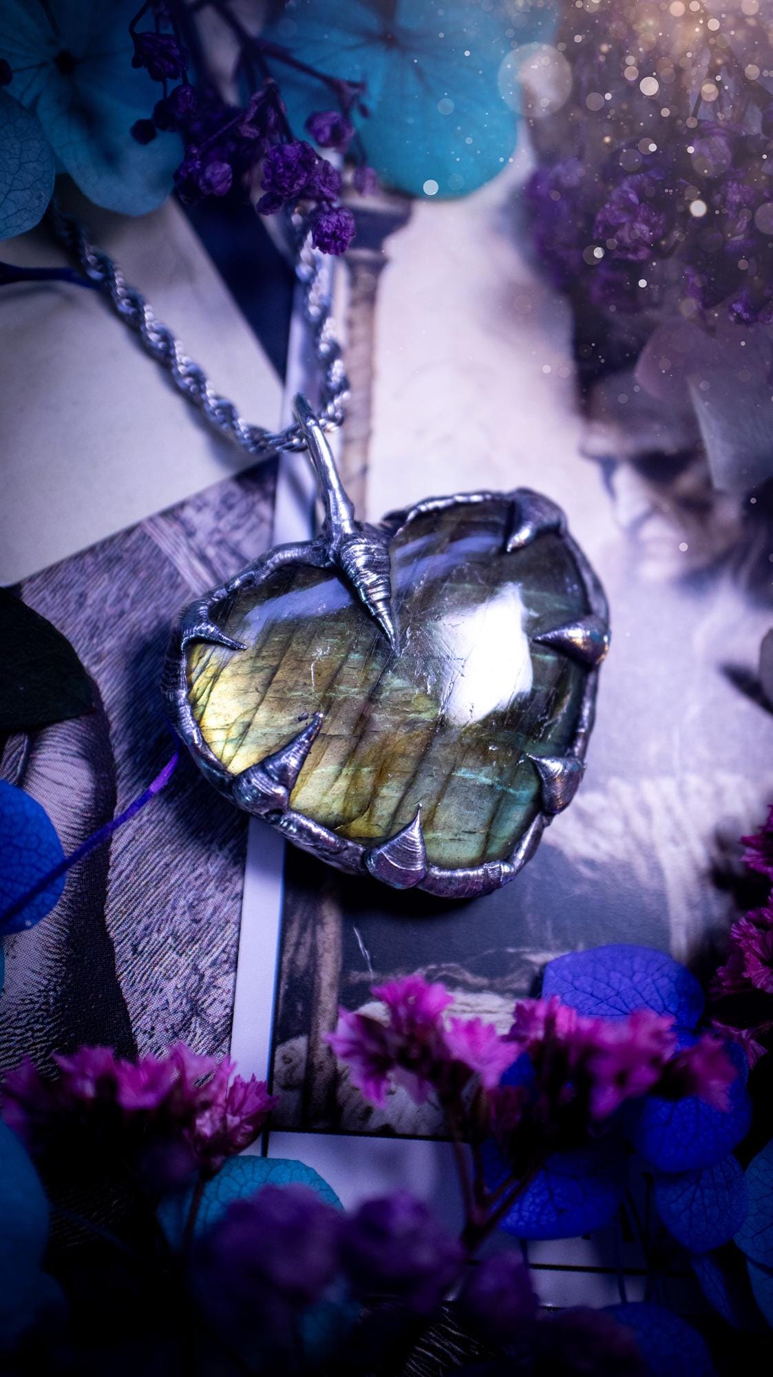 Beautiful, handmade and totally bespoke, green and yellow, labradorite crystal heart, pendant necklace. This jewellery piece has been handcrafted using the soft solder method, using lead free solder that contains silver, then oxidised to create a gothic mystical look. Featuring a beautiful multi flash labradorite heart with the flash shifting from green to yellow. A lovely piece ideal for anyone who loves crystals and jewellery. This is a one of a kind piece with no other the same, gothic design