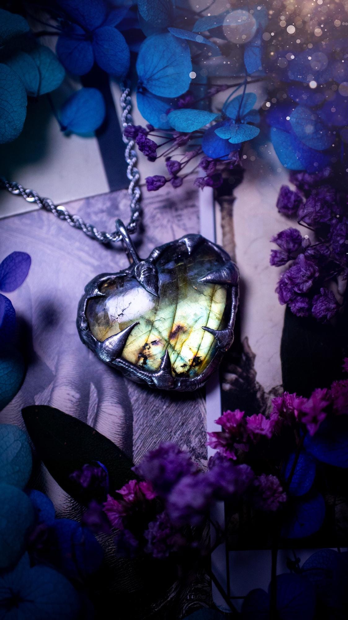 Beautiful, handmade and totally bespoke, green and yellow, labradorite crystal heart, pendant necklace. This jewellery piece has been handcrafted using the soft solder method, using lead free solder that contains silver, then oxidised to create a gothic mystical look. Featuring a beautiful multi flash labradorite heart with the flash shifting from green to yellow. A lovely piece ideal for anyone who loves crystals and jewellery. This is a one of a kind piece with no other the same, gothic design