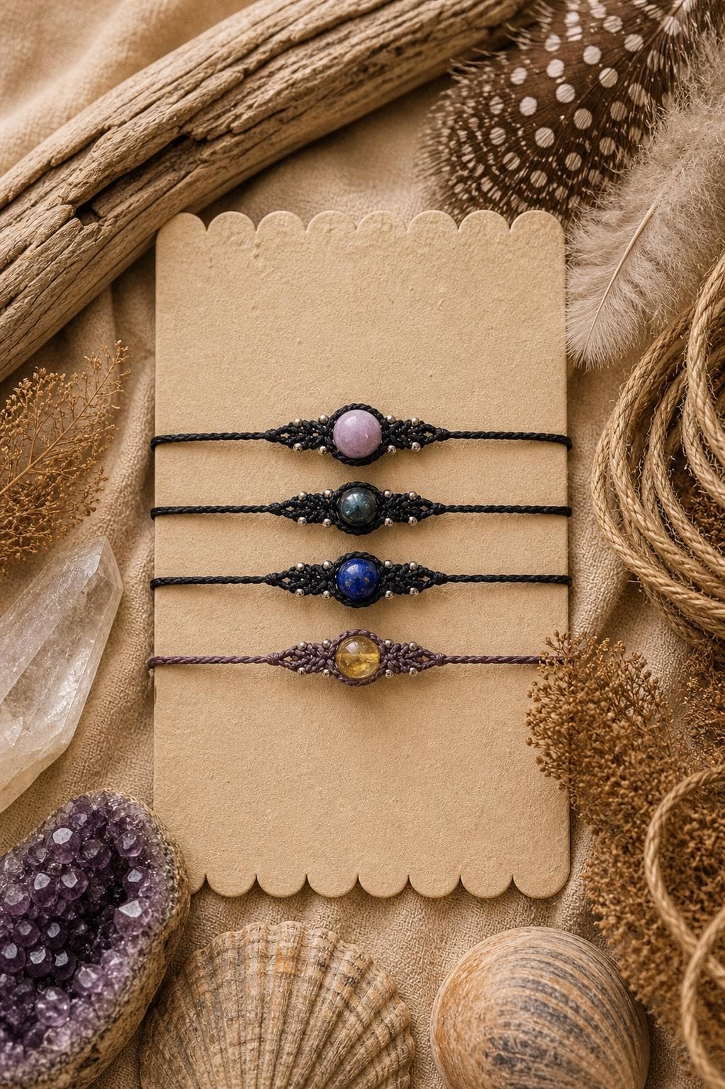 Create something truly personal with this beautifully handcrafted crystal macrame bracelet. Each piece is made to order, allowing you to choose the crystal that resonates most with you—whether you're drawn to its energy, meaning, or simply its natural beauty. Carefully hand-knotted using durable, high-quality linhastia waxed cord, this bracelet is designed to be both stylish and long-lasting. The sliding knot ensures a comfortable fit for all wrist sizes, making it perfect for everyday wear.