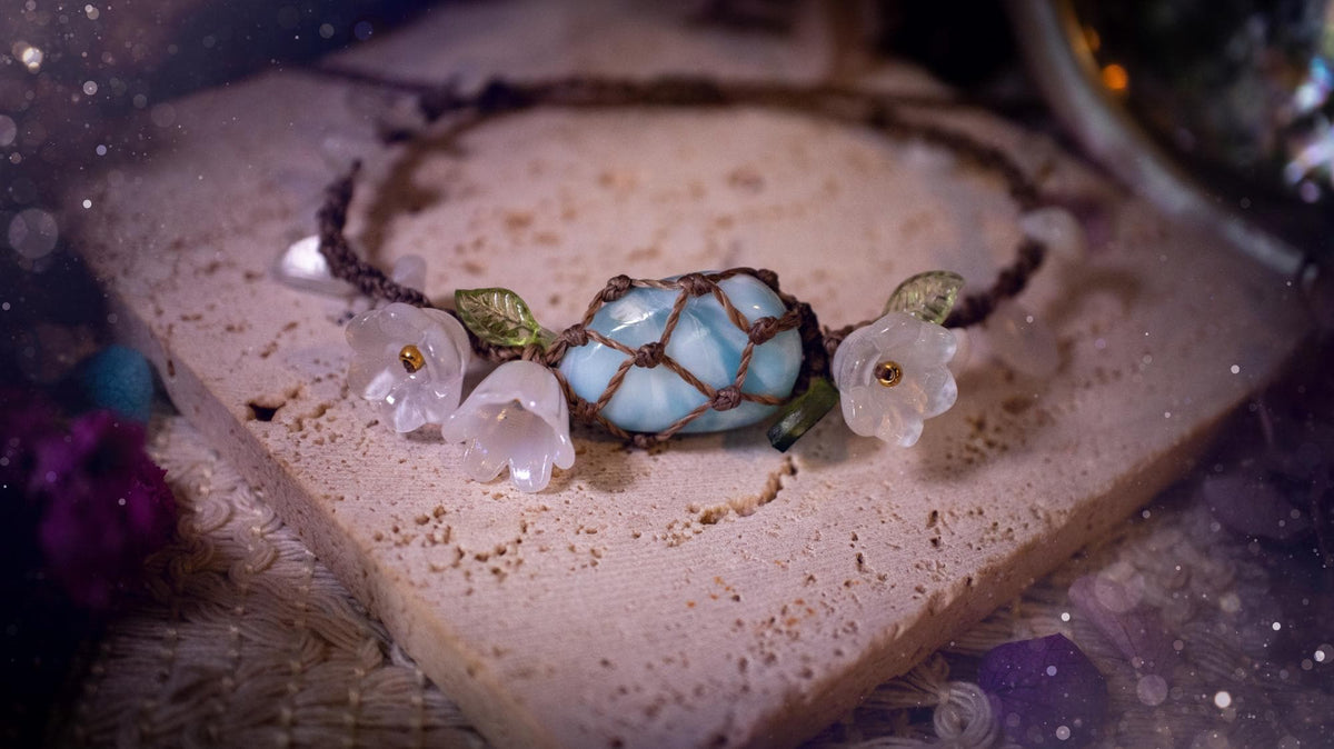 Handmade, natural and high grade, Larimar crystal, Macrame fairy bracelet with rainbow moonstone chips - Whimsical Jewellery