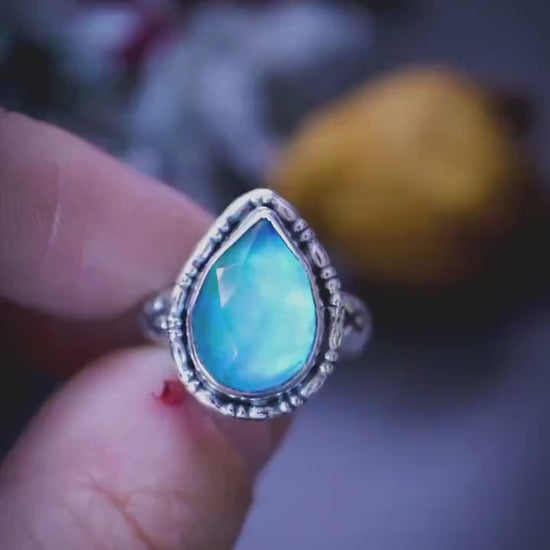 Handmade and unique, sterling silver Aurora Opal stacking ring - gifts for her, crystal gifts