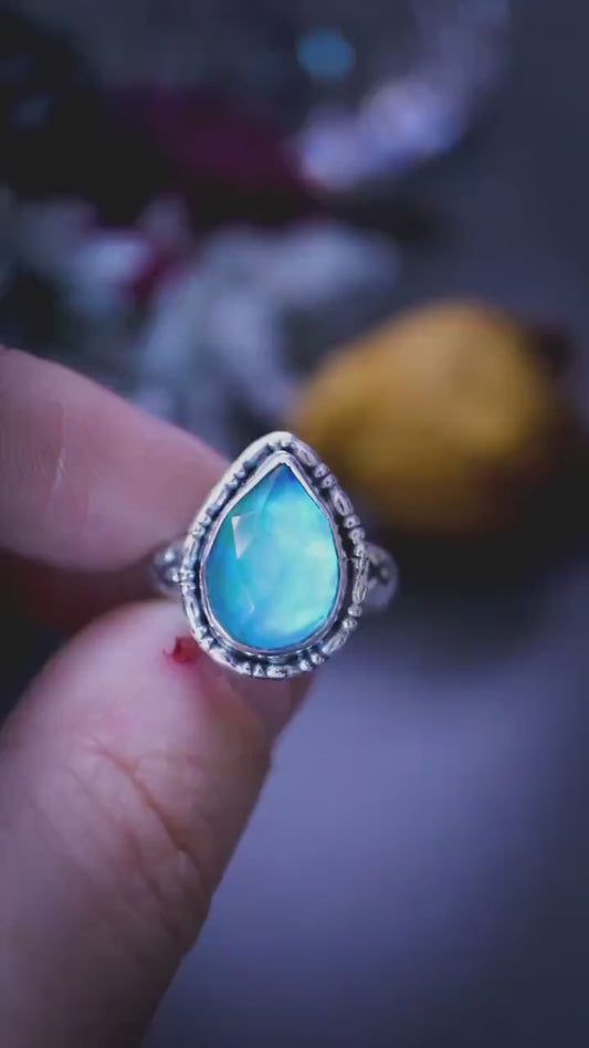 Handmade and unique, sterling silver Aurora Opal stacking ring - gifts for her, crystal gifts