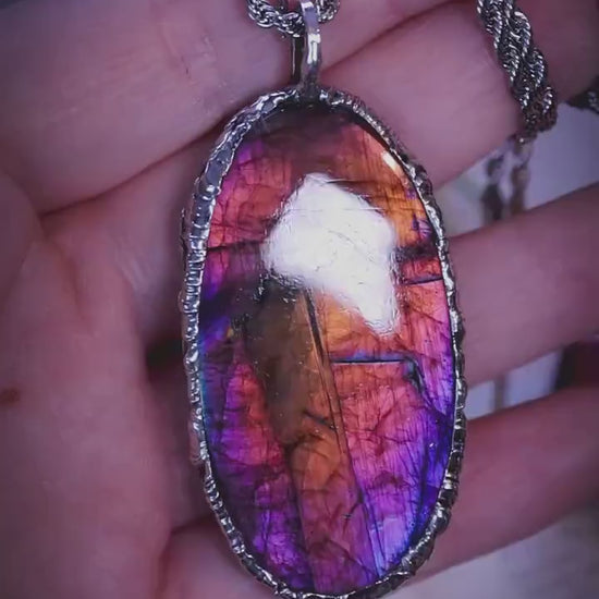 Handmade flashy purple, pink, multi-flash labradorite spectrolite soft soldered pendant - witchy jewellery, gothic style