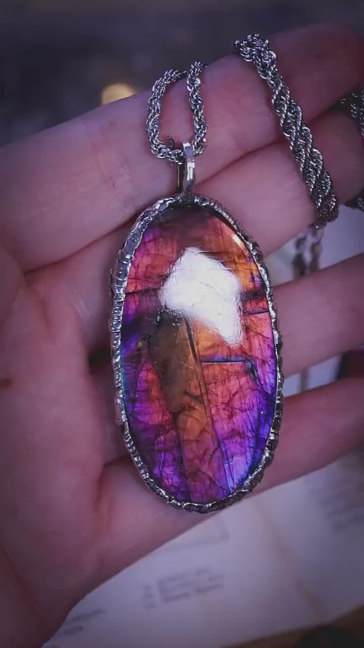 Handmade flashy purple, pink, multi-flash labradorite spectrolite soft soldered pendant - witchy jewellery, gothic style