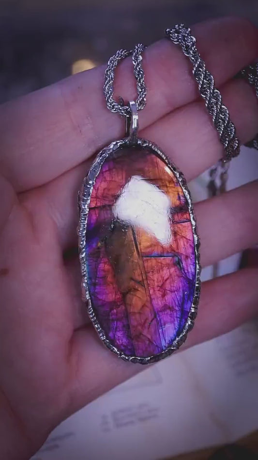 Handmade flashy purple, pink, multi-flash labradorite spectrolite soft soldered pendant - witchy jewellery, gothic style