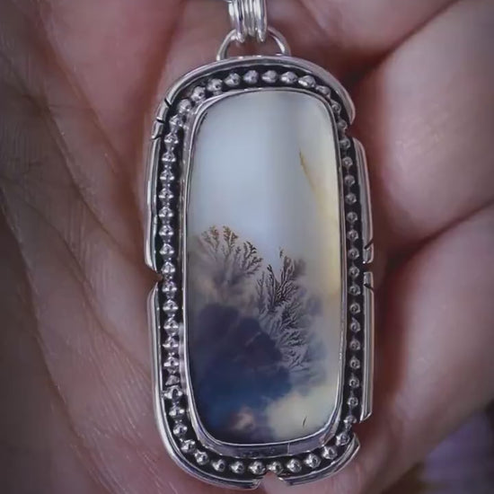 Handmade and bespoke, natural scenic dendritic agate, sterling silver pendant necklace - crystal and jewellery gifts