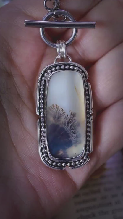 Handmade and bespoke, natural scenic dendritic agate, sterling silver pendant necklace - crystal and jewellery gifts