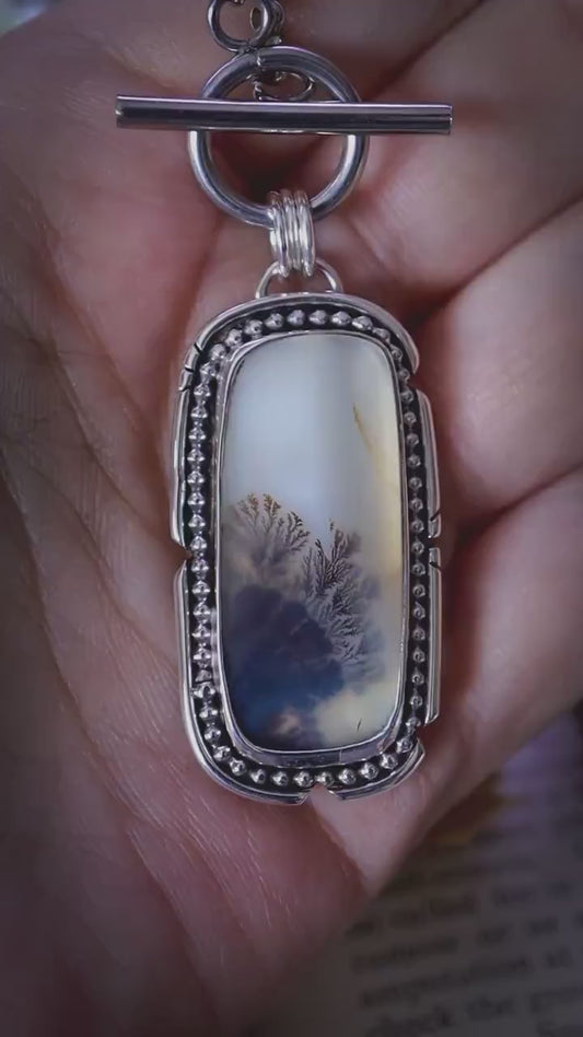 Handmade and bespoke, natural scenic dendritic agate, sterling silver pendant necklace - crystal and jewellery gifts