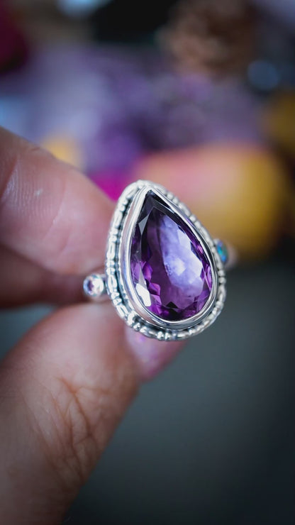Stunning and gothic, faceted natural amethyst crystal, sterling silver, statement ring