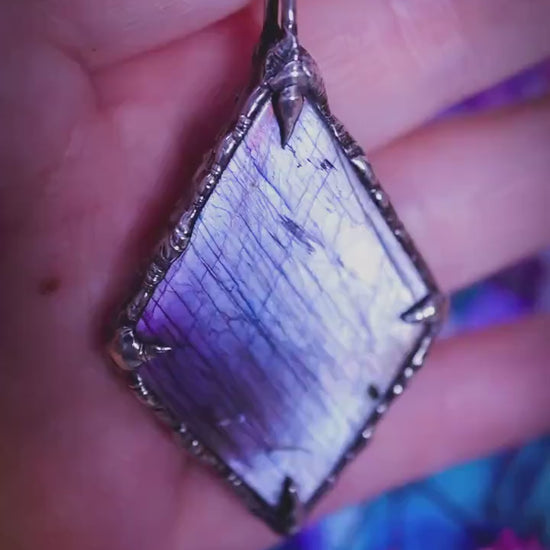 Large purple, pink and silver, Labradorite crystal, soft soldered pendant necklace: Crystal, gothic jewellery gifts