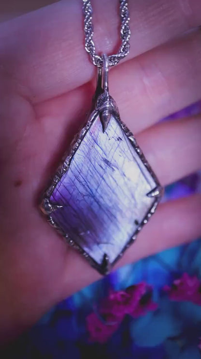 Large purple, pink and silver, Labradorite crystal, soft soldered pendant necklace: Crystal, gothic jewellery gifts