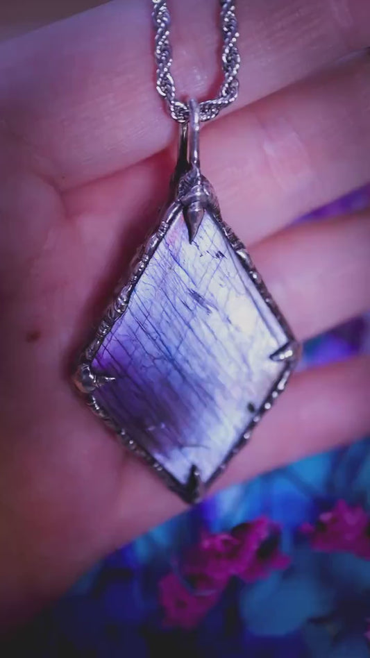 Large purple, pink and silver, Labradorite crystal, soft soldered pendant necklace: Crystal, gothic jewellery gifts