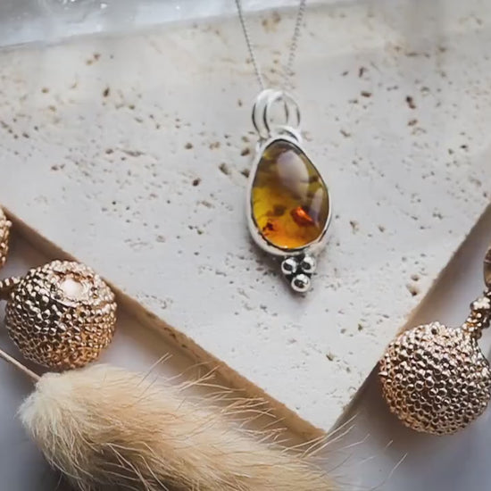 Handmade, minimal, sterling silver amber pendant, ideal gift for crystal lovers