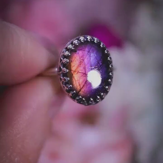 Handmade and gothic, deep purple and pink labradorite, sterling silver ring - Jewellery crystal gifts