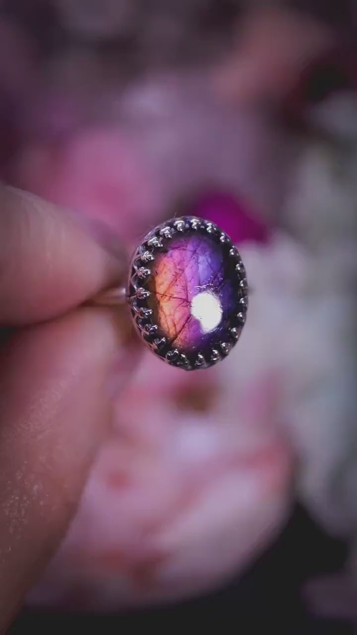 Handmade and gothic, deep purple and pink labradorite, sterling silver ring - Jewellery crystal gifts