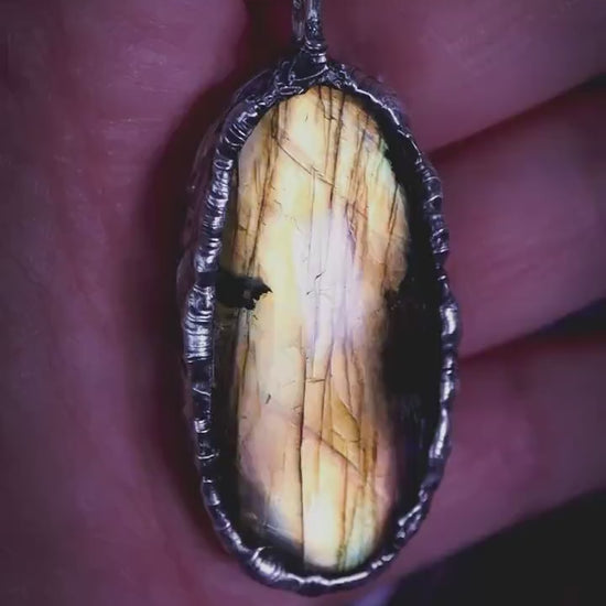 Green and Yellow Labradorite Crystal Pendant Necklace, Soft Soldered Crystal Jewellery