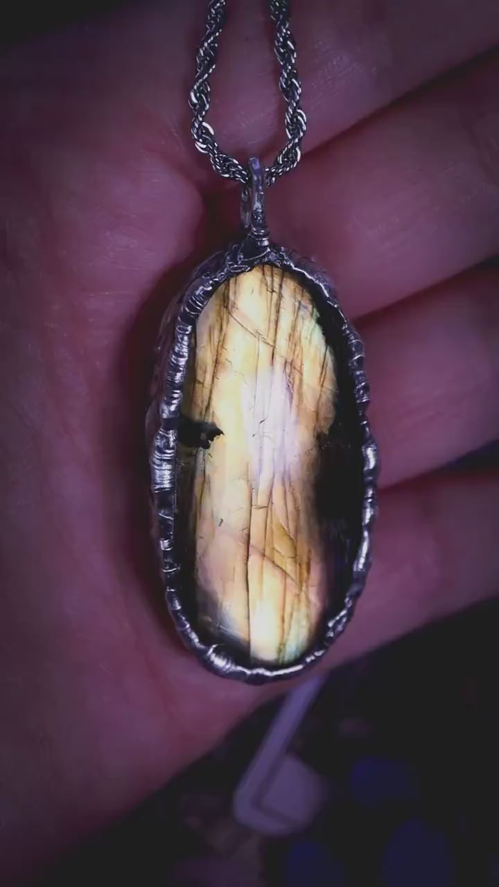 Green and Yellow Labradorite Crystal Pendant Necklace, Soft Soldered Crystal Jewellery