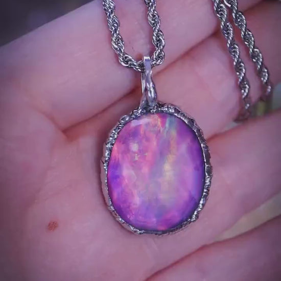 Fairy and witchy, soft soldered, pink and blue aurora opal pendant necklace - Gothic Jewellery gifts