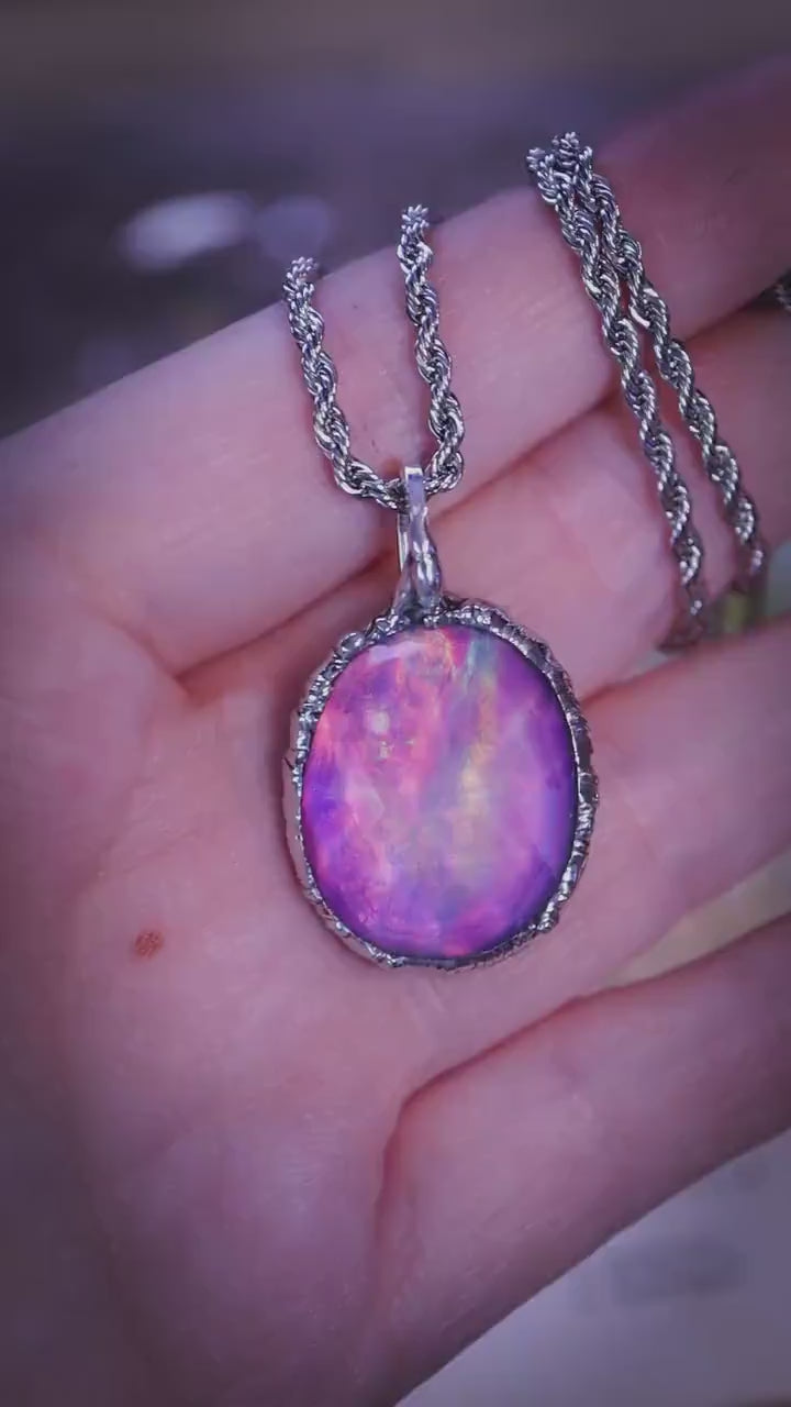 Fairy and witchy, soft soldered, pink and blue aurora opal pendant necklace - Gothic Jewellery gifts