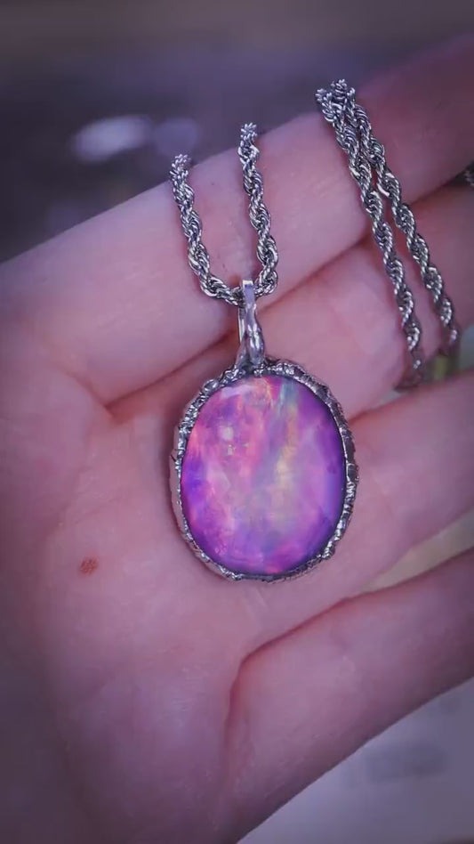 Fairy and witchy, soft soldered, pink and blue aurora opal pendant necklace - Gothic Jewellery gifts