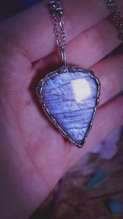 Handmade, flashy belomorite moonstone, soft soldered pendant necklace - crystal jewellery gifts for her
