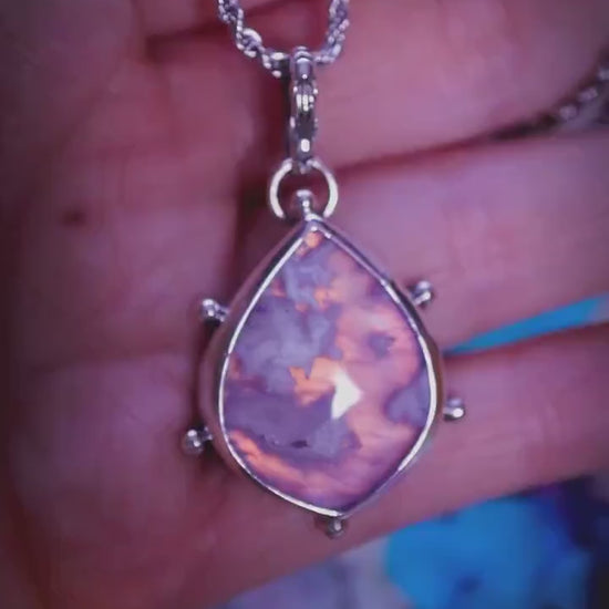 Handmade, sterling silver, aurora opal and plume agate crystal pendant necklace - Jewellery gifts