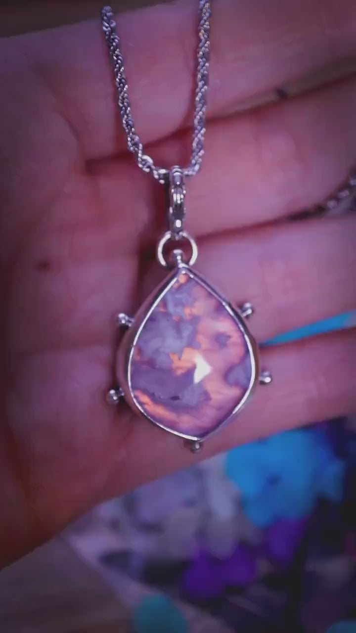 Handmade, sterling silver, aurora opal and plume agate crystal pendant necklace - Jewellery gifts