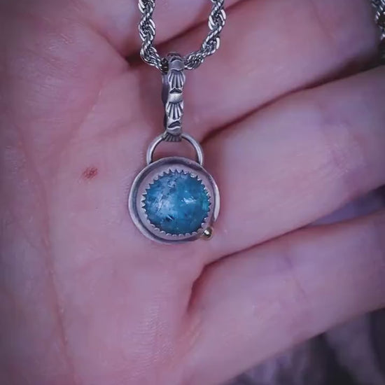 Paraiba Kyanite Pendant, Sterling Silver Necklace, Satin Finish, Brass Accent, Patterned Bail, Handmade Boho Gothic Jewellery.