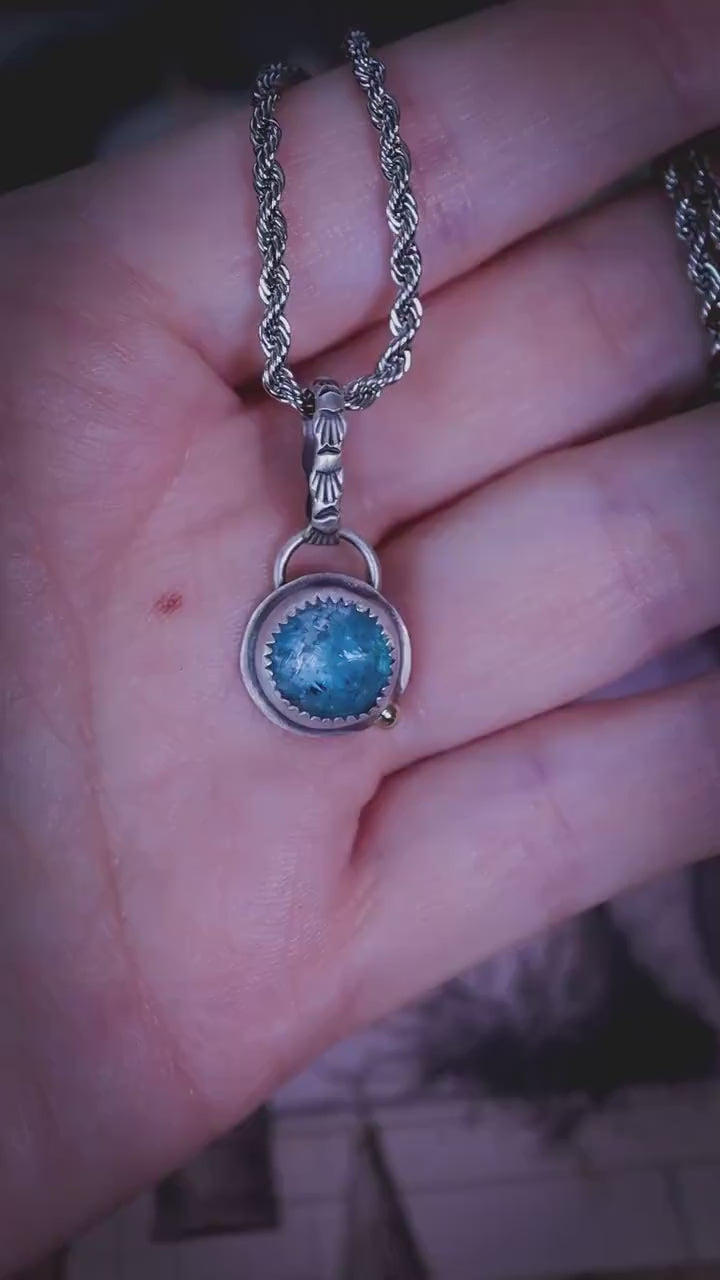 Paraiba Kyanite Pendant, Sterling Silver Necklace, Satin Finish, Brass Accent, Patterned Bail, Handmade Boho Gothic Jewellery.