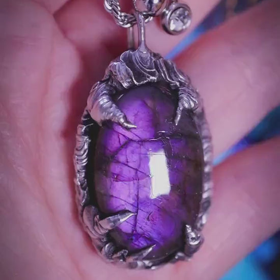 Handmade, deep purple Labradorite, dragon egg pendant necklace, soft solder gothic jewellery