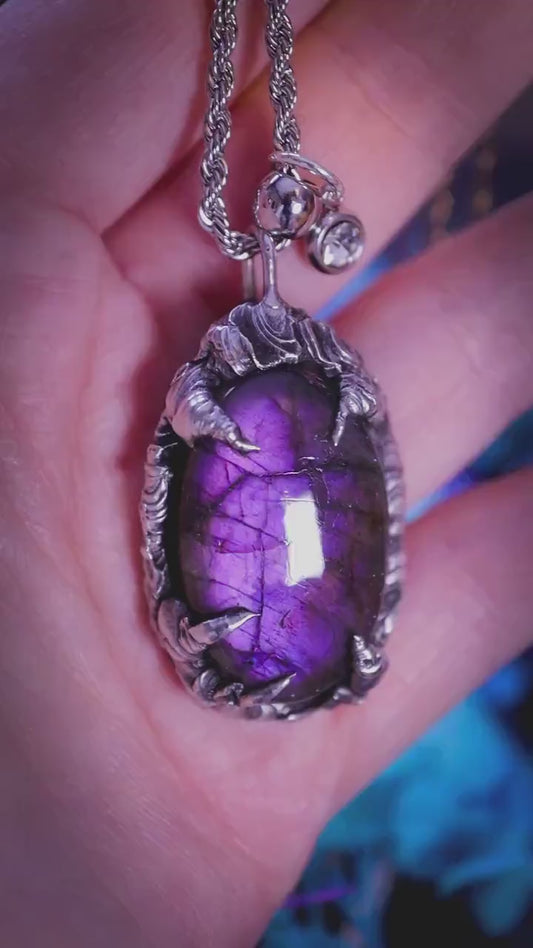 Handmade, deep purple Labradorite, dragon egg pendant necklace, soft solder gothic jewellery