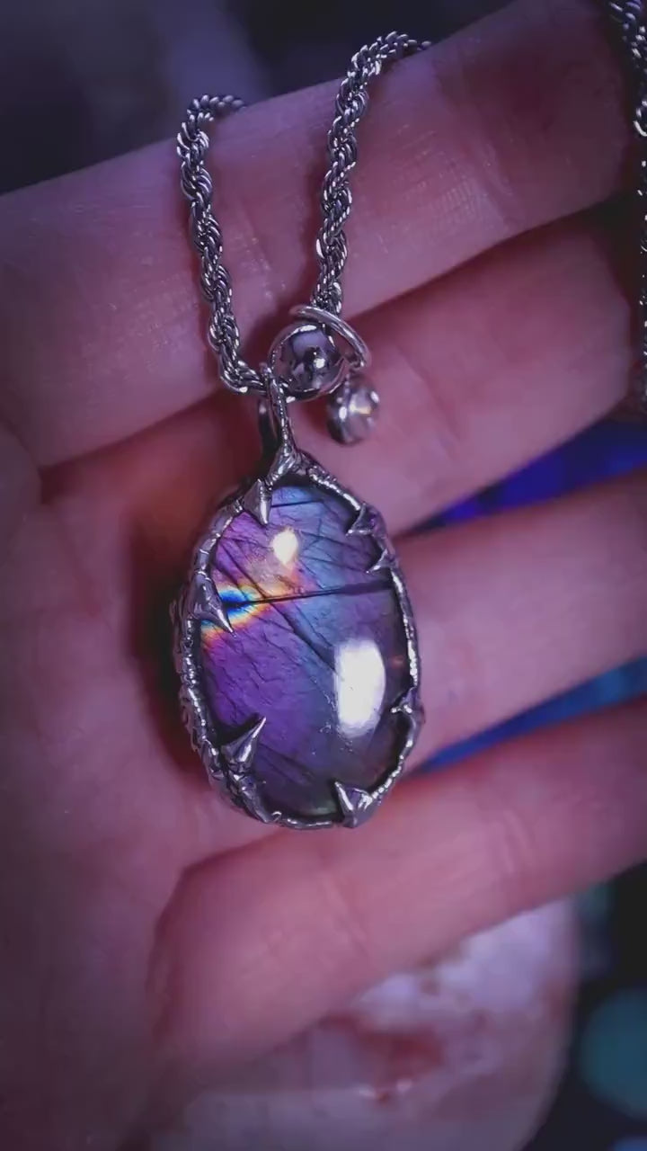 Handmade, purple and pink, Labradorite soft soldered pendent necklace, gothic witchy jewellery