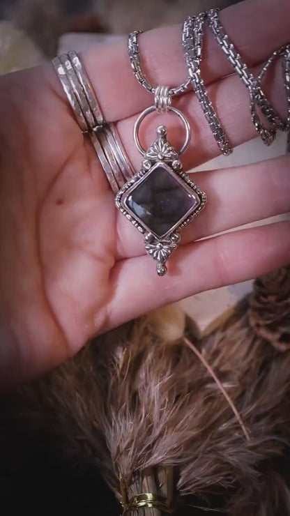 Handmade, purple pink Labradorite, silver pendant necklace - gothic style, crystal jewellery