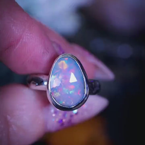 Handmade, sterling silver, Ethiopian Welo Opal stacking ring - Size O 1/2 - Jewellery and crystal gifts